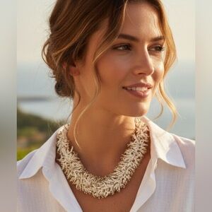 SFERA Seed Bead Fringe Necklace | Cream & Gold | NWT